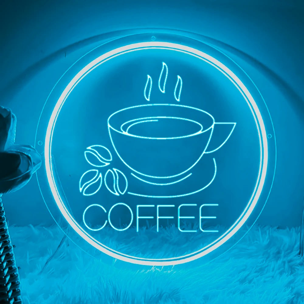 Cafe Ambience Neon Light Sign  Personalized Mirror Light Blue 30x30 