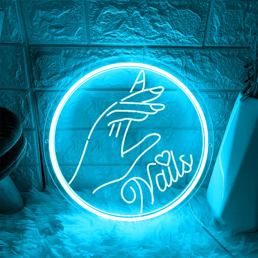 3D Nails Neon Light Sign  Personalized Mirror Light Blue 30x30 