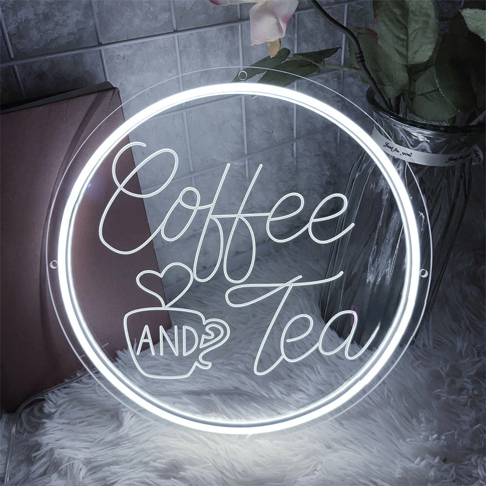 3D Craved Coffee And Tea Neon Light Sign  Personalized Mirror White 30x30 