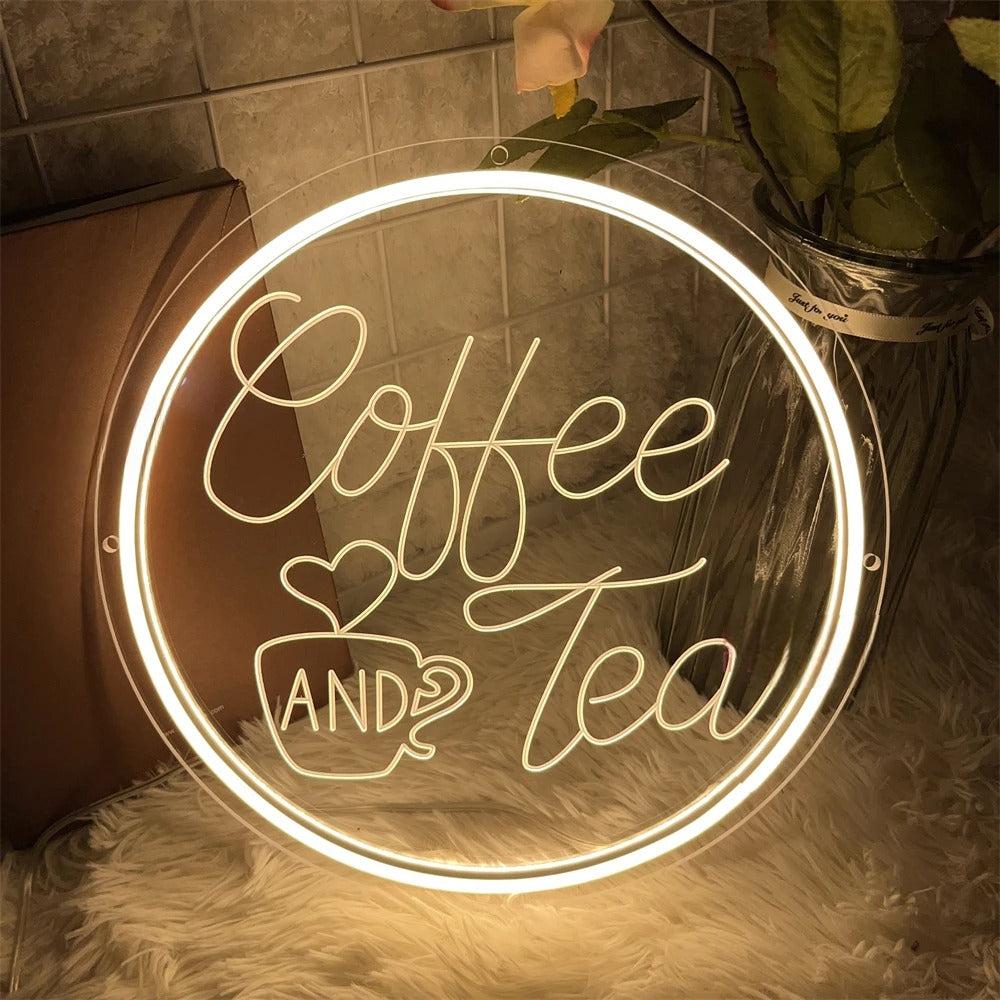 3D Craved Coffee And Tea Neon Light Sign  Personalized Mirror Light Yellow 30x30 