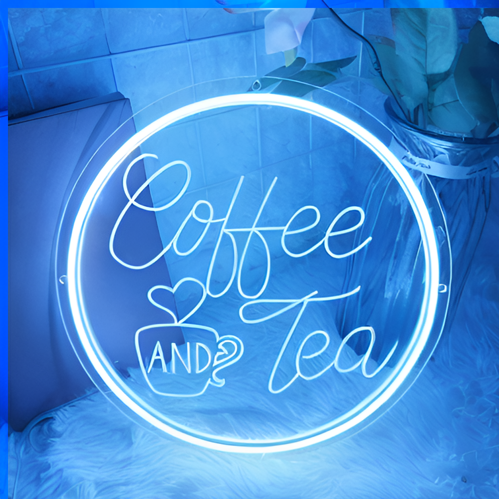 3D Craved Coffee And Tea Neon Light Sign  Personalized Mirror Light Blue 30x30 