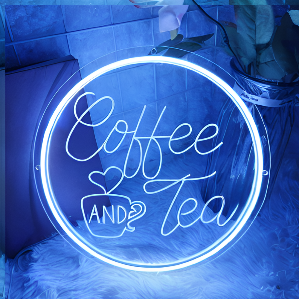 3D Craved Coffee And Tea Neon Light Sign  Personalized Mirror Blue 30x30 