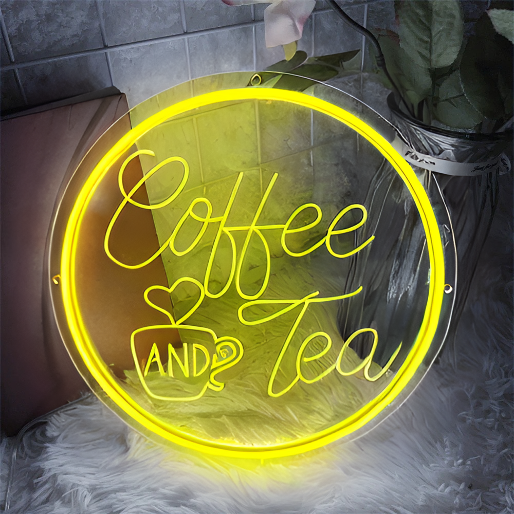 3D Craved Coffee And Tea Neon Light Sign  Personalized Mirror Yellow 30x30 