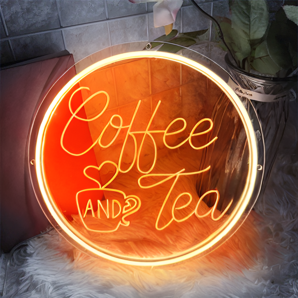 3D Craved Coffee And Tea Neon Light Sign  Personalized Mirror Orange 30x30 