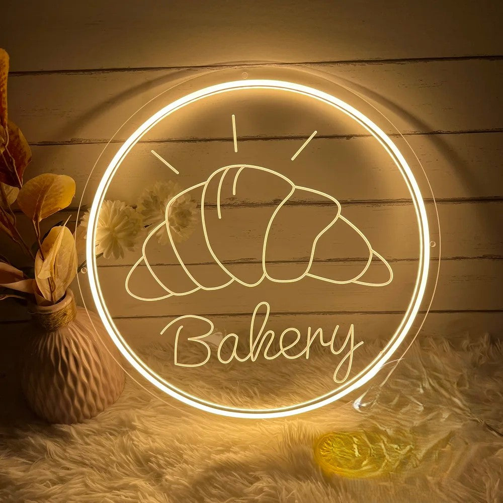 Bakery Neon Signs Led Lights  Personalized Mirror Croissant Light Pink 