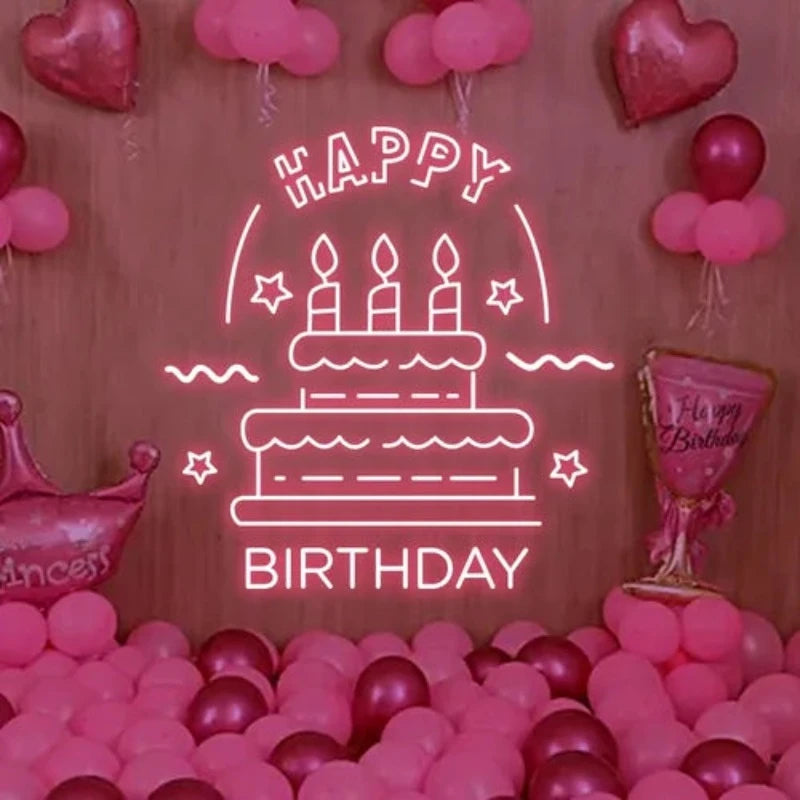 Big Happy Birthday Text With Cake Neon Sign  Personalized Mirror S  