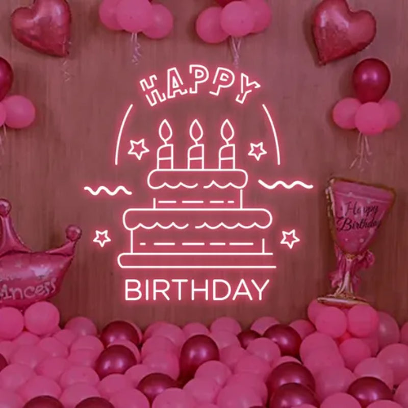 Birthday Celebration Neon Sign With Cake Design  Personalized Mirror S  