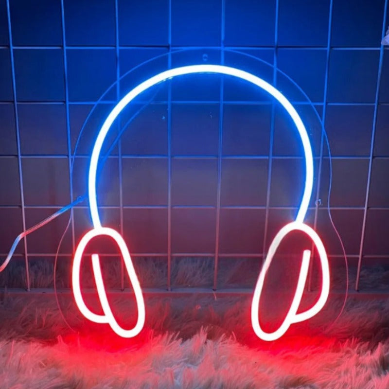 Headphone Shape Neon Led Sign  Personalized Mirror Dark Blue  