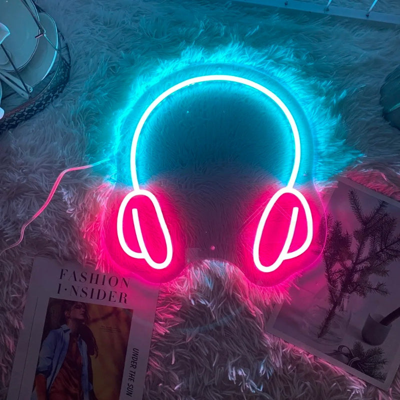 Headphone Shape Neon Led Sign  Personalized Mirror Light Blue  