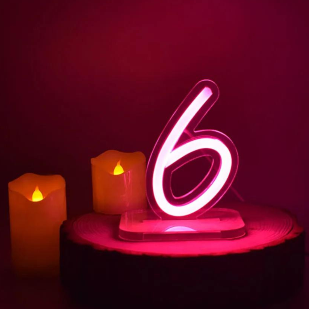 Glowing Digit Neon Tabletop Light  Personalized Mirror 6 White 