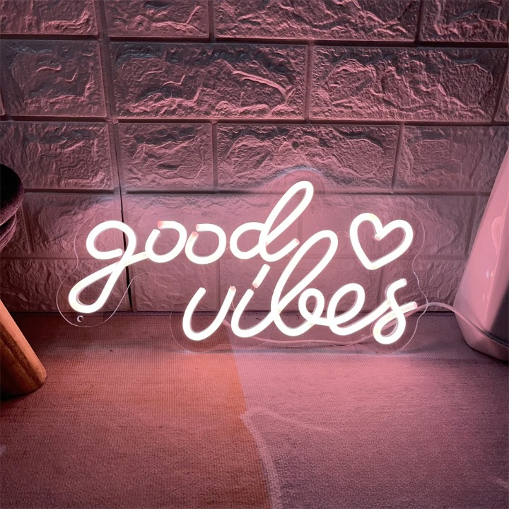 Luminous Mantra Good Vibes Neon Glow  Personalized Mirror 40x20 Pink 