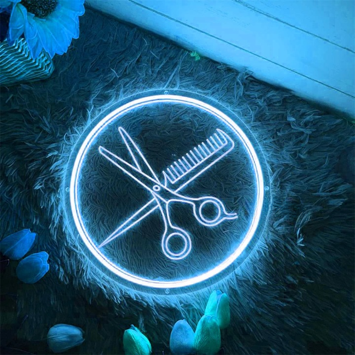 Stylists Beacon Salon Scissors Comb Neon Sign  Personalized Mirror 30X30 Sky Blue 