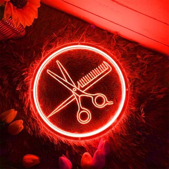 Stylists Beacon Salon Scissors Comb Neon Sign  Personalized Mirror 30X30 Orange 