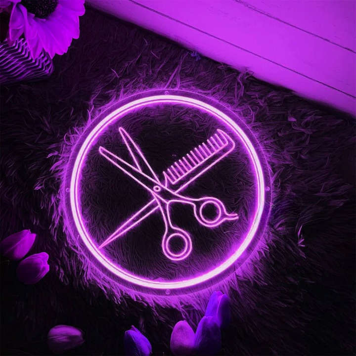 Stylists Beacon Salon Scissors Comb Neon Sign  Personalized Mirror 30X30 Purple 