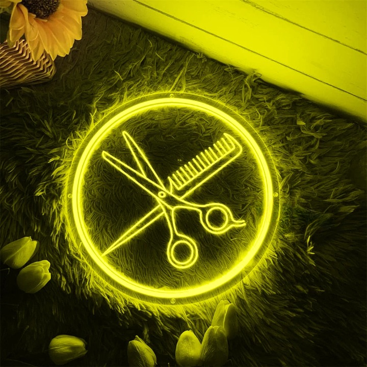 Stylists Beacon Salon Scissors Comb Neon Sign  Personalized Mirror 30X30 Yellow 