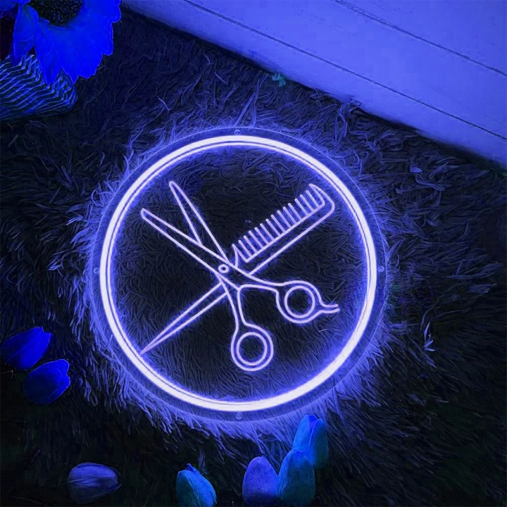 Stylists Beacon Salon Scissors Comb Neon Sign  Personalized Mirror 30X30 Blue 