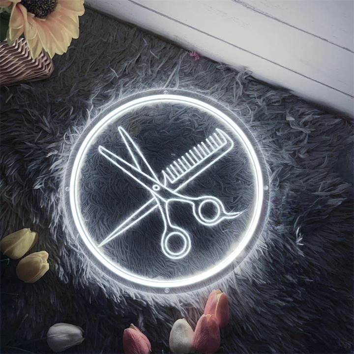 Stylists Beacon Salon Scissors Comb Neon Sign  Personalized Mirror 30X30 Silver 