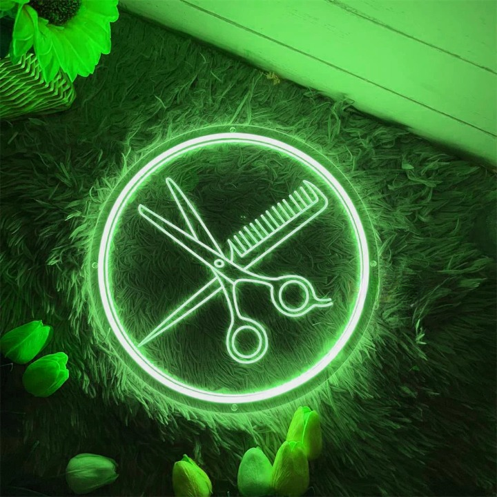 Stylists Beacon Salon Scissors Comb Neon Sign  Personalized Mirror 30X30 Green 