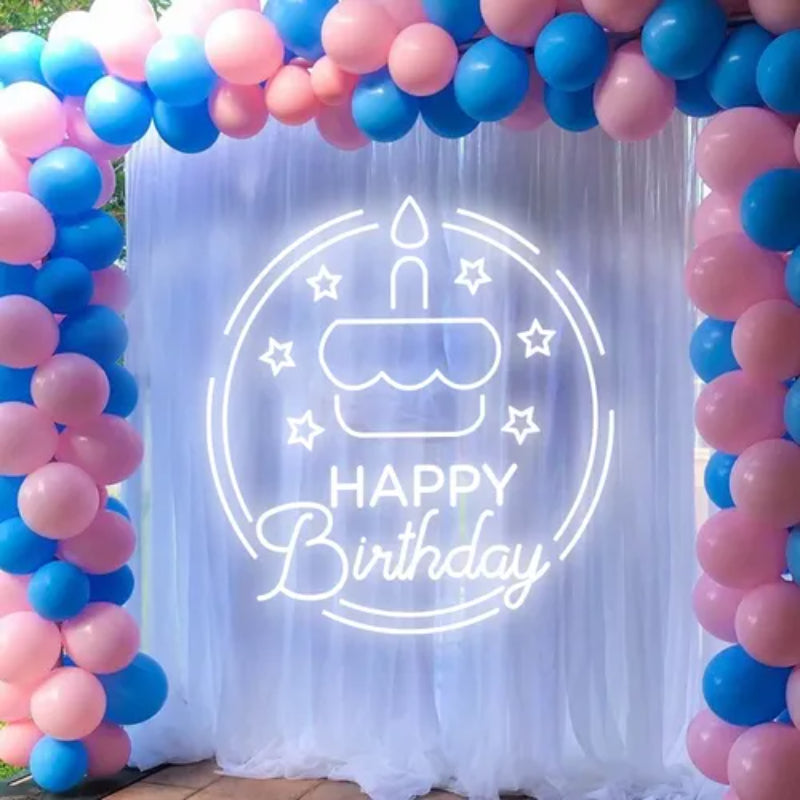 Happy Birthday Cake Circle Neon Sign  Personalized Mirror S  