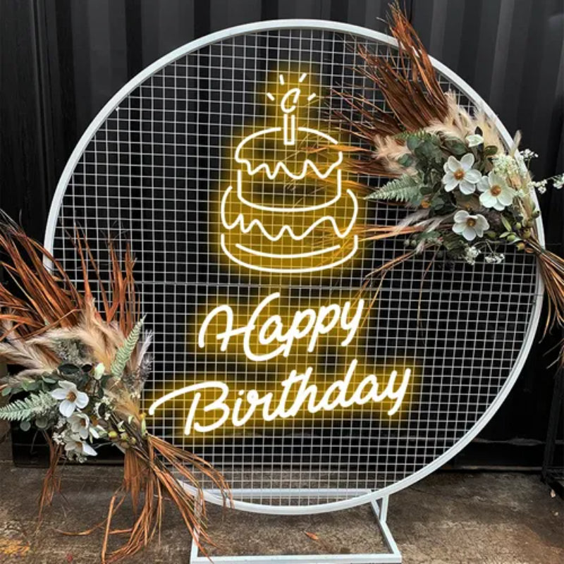 Happy Birthday With Cake Neon Sign  Personalized Mirror S  