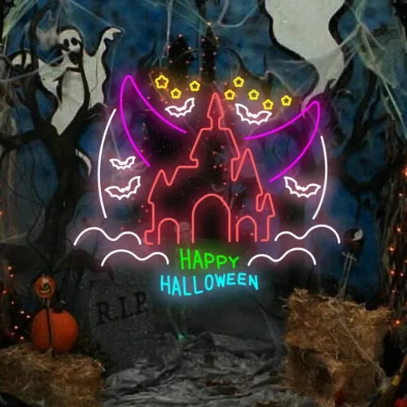 Happy Halloween Castle Neon Sign  Personalized Mirror S  