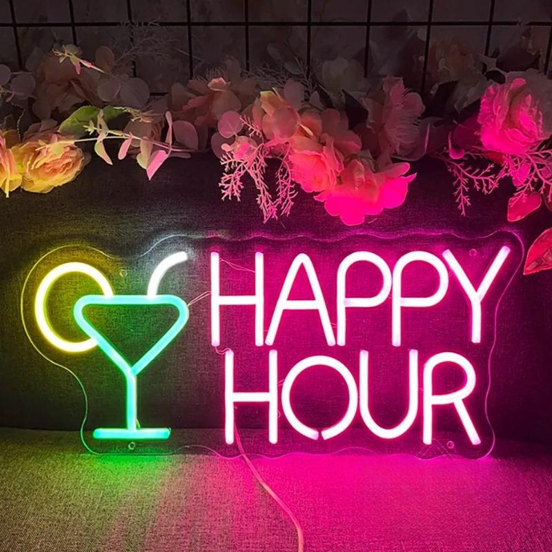 Happy Hours Neon LED Sign  Personalized Mirror Pink  