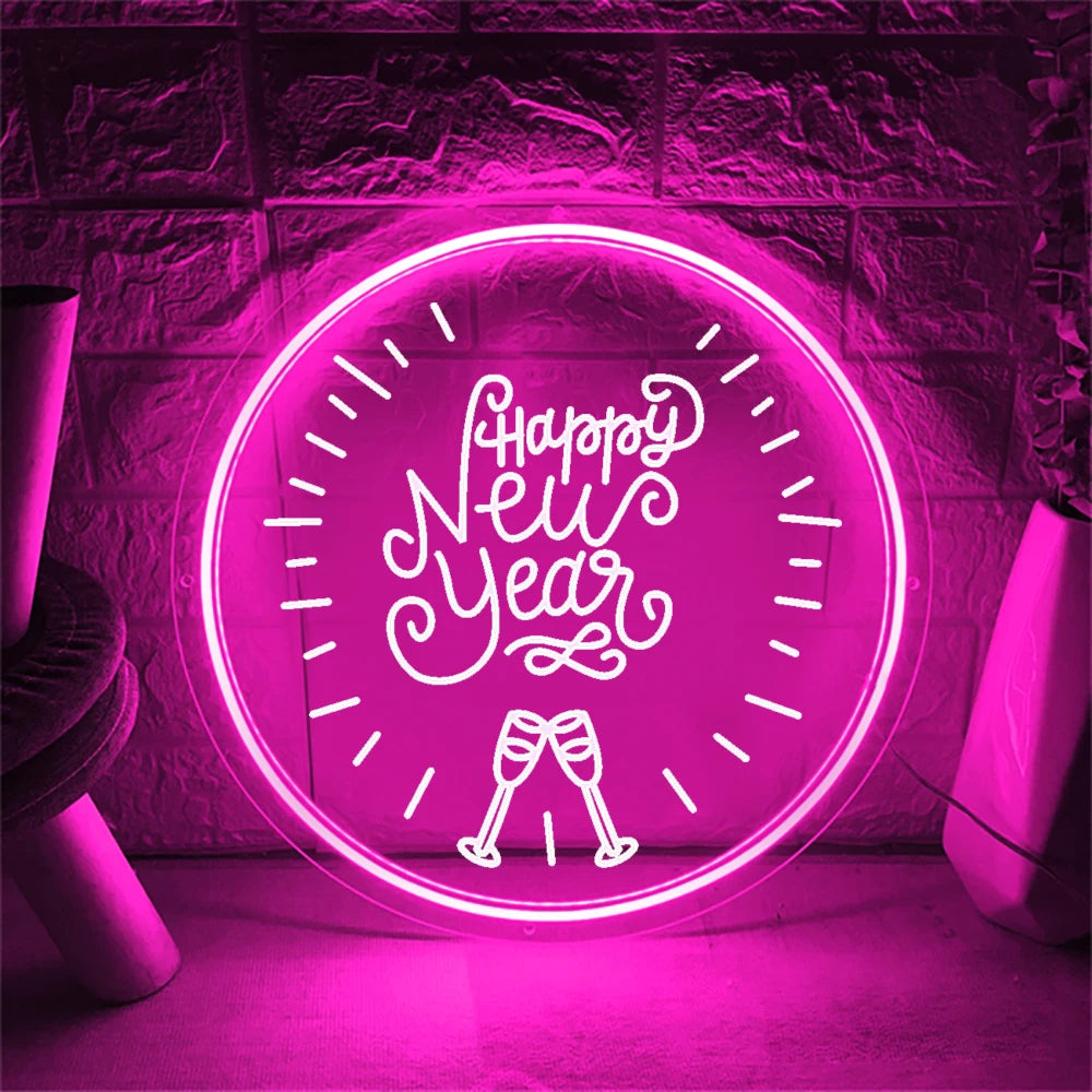 Countdown In Color Celebrating With A Happy New Year Neon Sign  Personalized Mirror Pink 40x40 