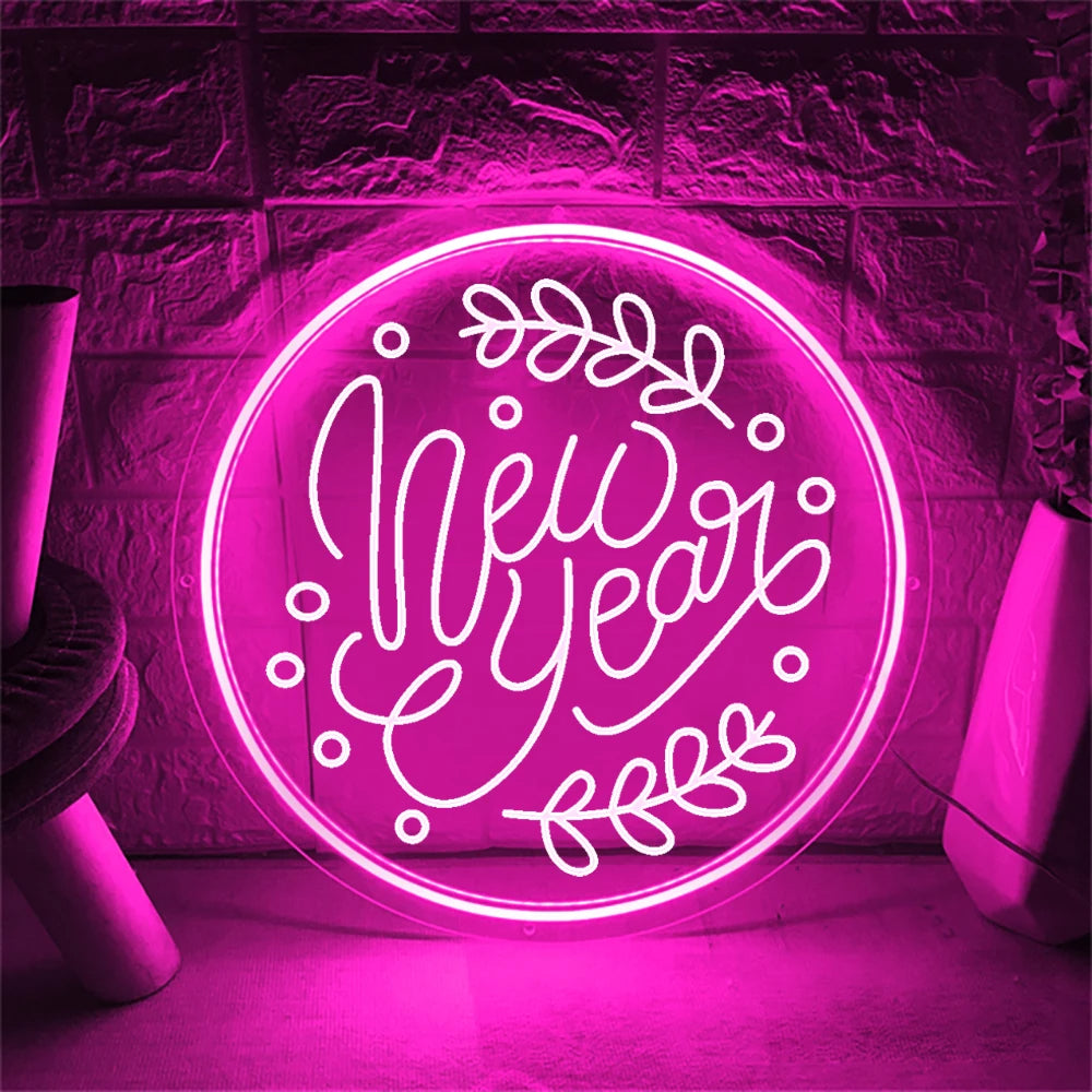 Happy New Year Neon Sign  Personalized Mirror Pink 30x30 