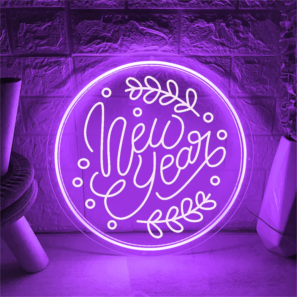 Happy New Year Neon Sign  Personalized Mirror Purple 30x30 