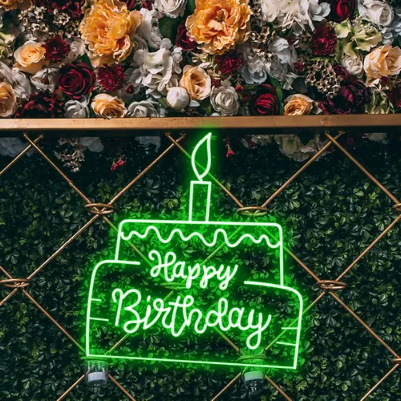 Happy Birthday Text On Big Cake Neon Sign  Personalized Mirror S  