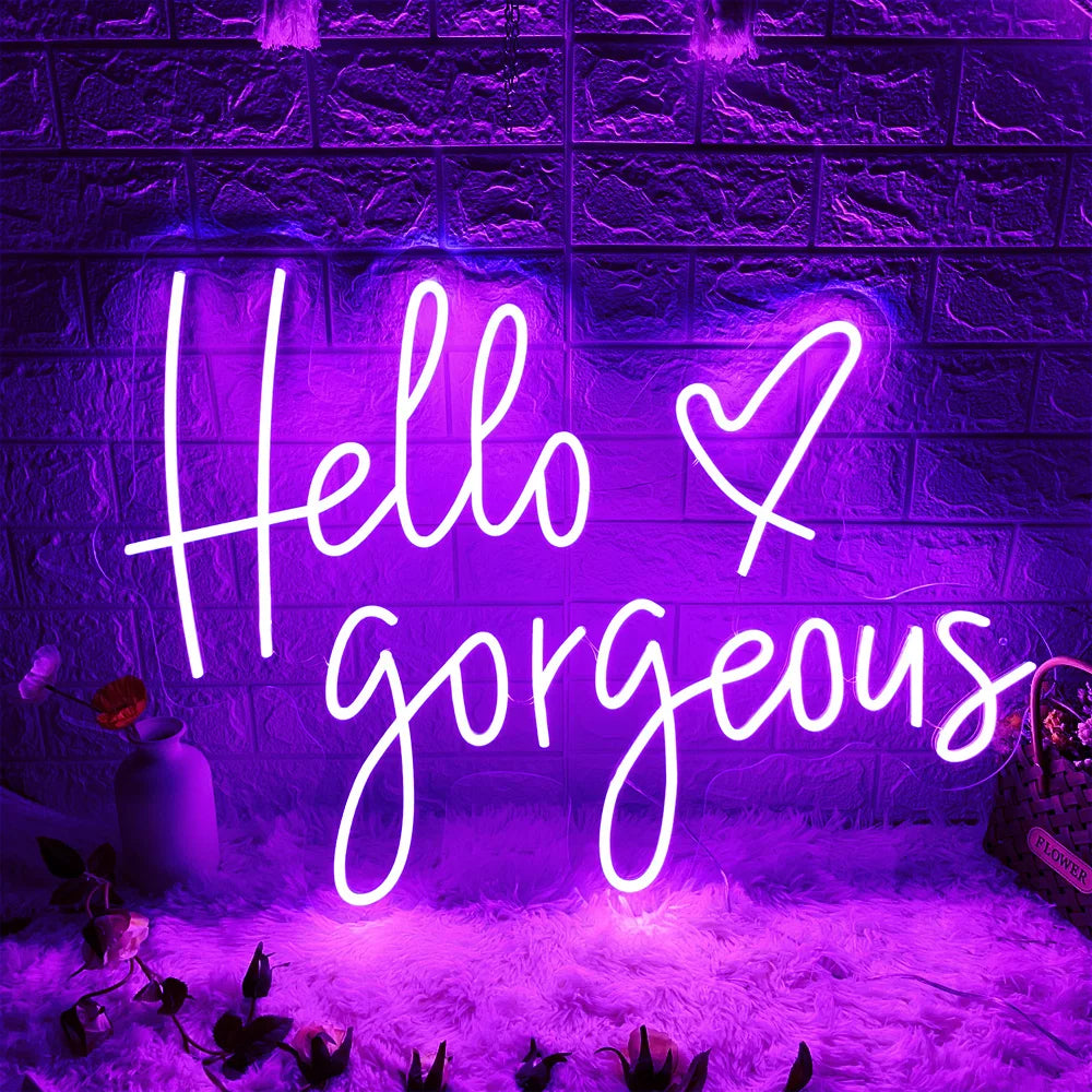 Hello Gorgeous Neon Signs  Personalized Mirror Purple  