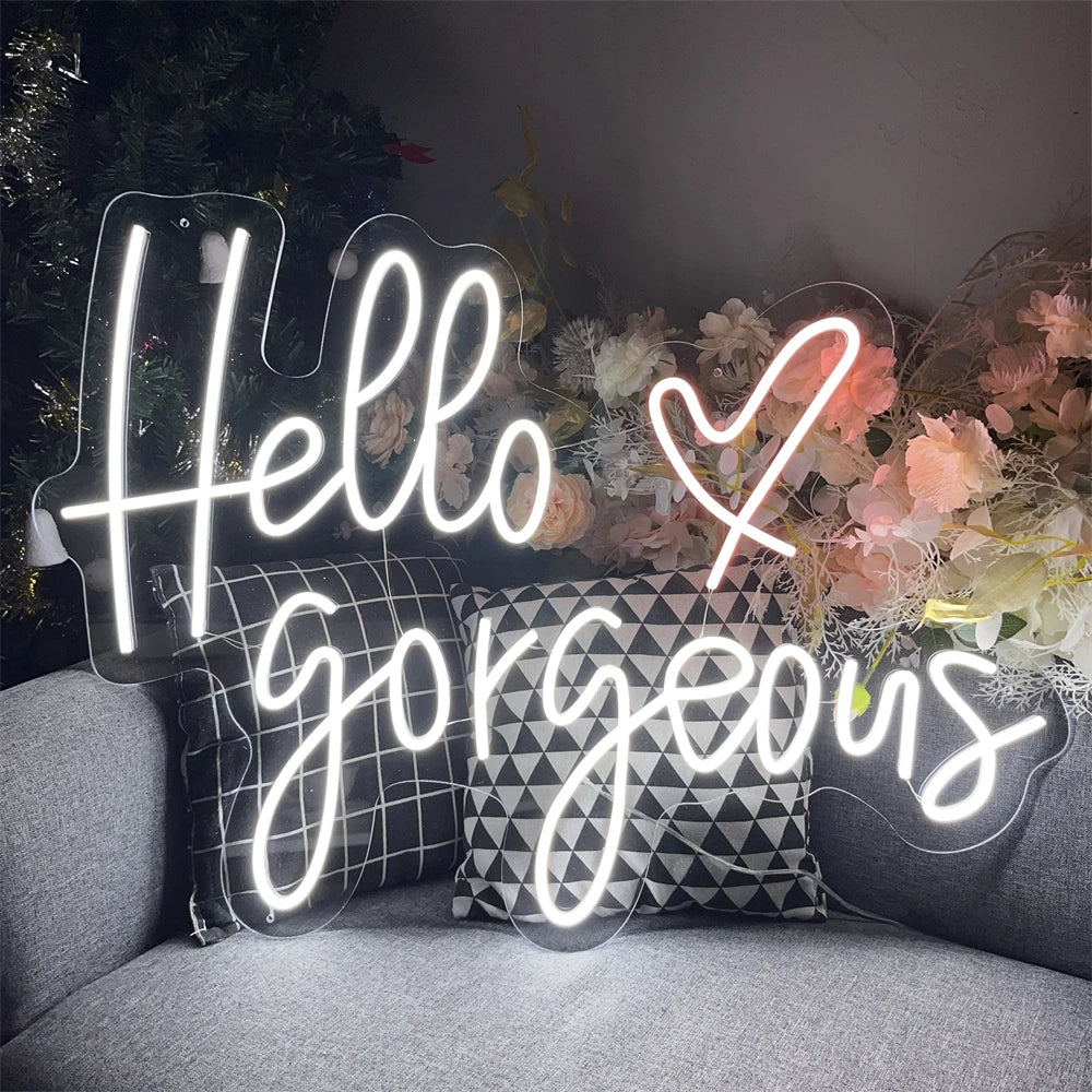 Hello Gorgeous Neon Signs  Personalized Mirror White  