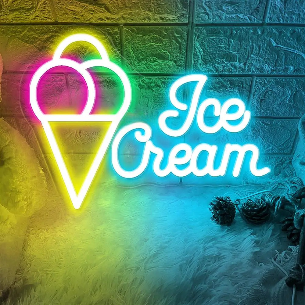 Ice Cream Neon Led Sign  Personalized Mirror 3 Ice Cream In Cone  