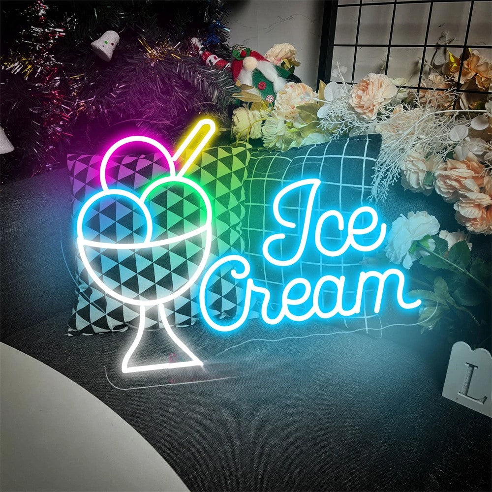 Ice Cream Shop Neon Led Sign  Personalized Mirror Style 1 White 