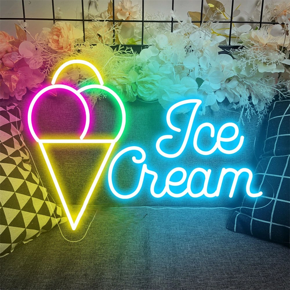 Ice Cream Shop Neon Led Sign  Personalized Mirror Style 4 White 