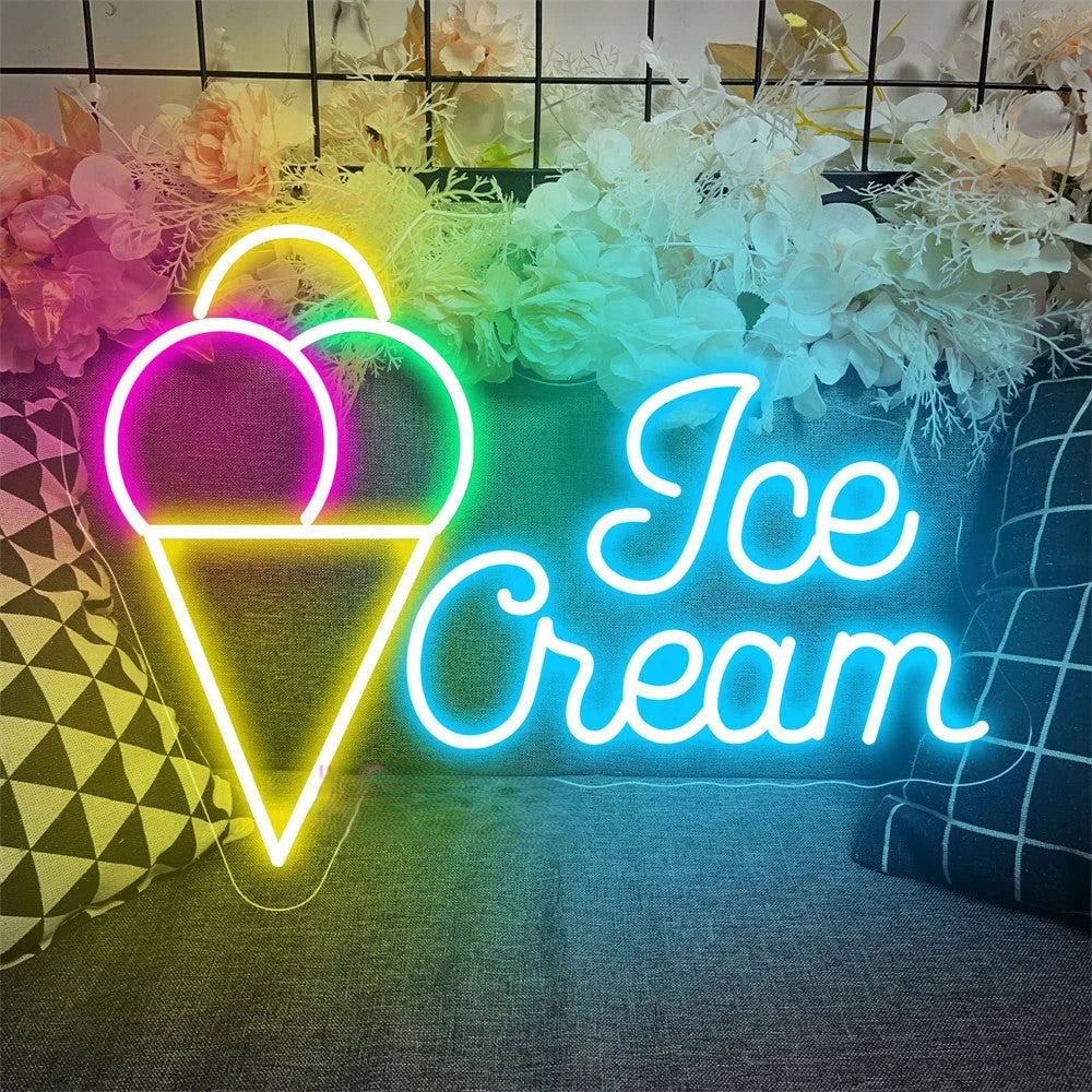 Ice Cream Shop Neon Led Sign  Personalized Mirror Style 3 White 