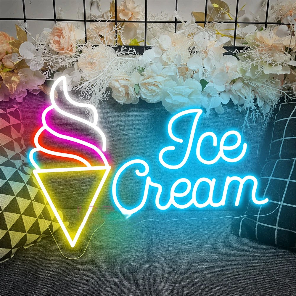 Ice Cream Shop Neon Led Sign  Personalized Mirror Style 2 White 