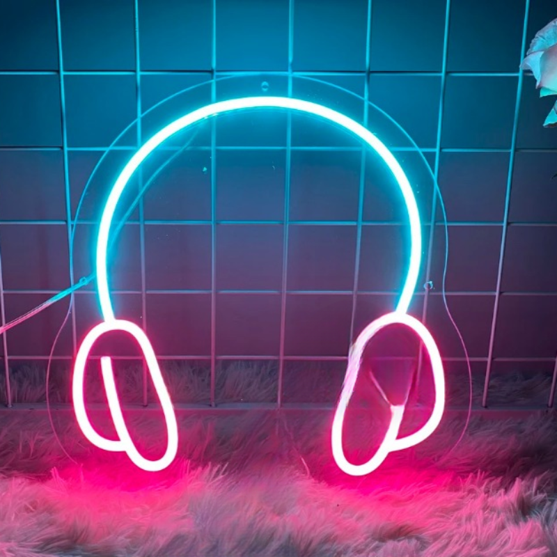 Rhythmic Radiance Music Neon Sign  Personalized Mirror 35X36 Headphones Pink