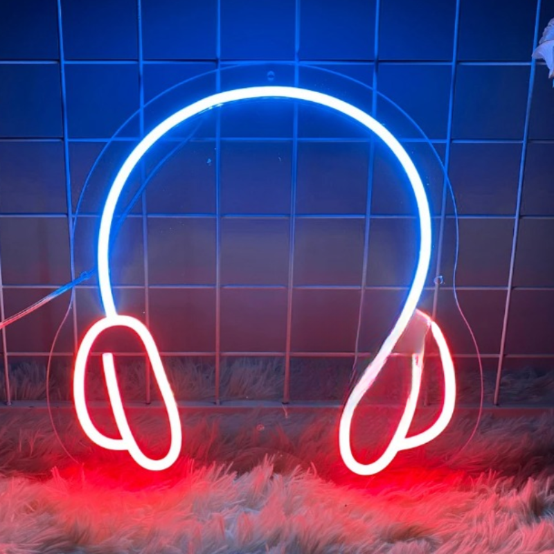 Rhythmic Radiance Music Neon Sign  Personalized Mirror 35X36 Headphones Red