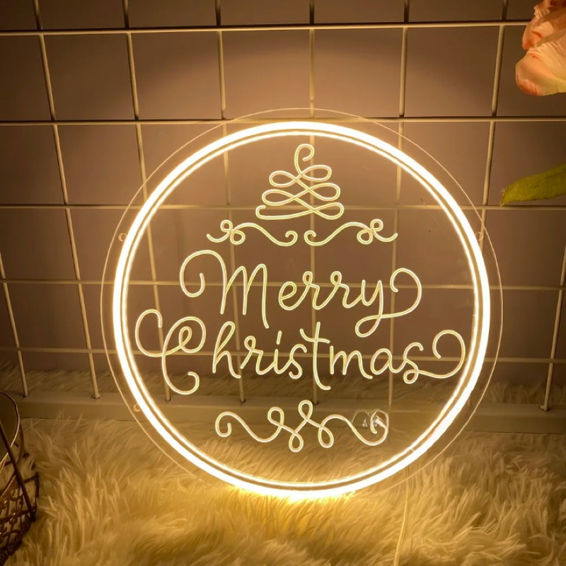 Merry Christmas In Neon Calligraphy  Personalized Mirror Merry Christmas With Tree Yellow 30x30