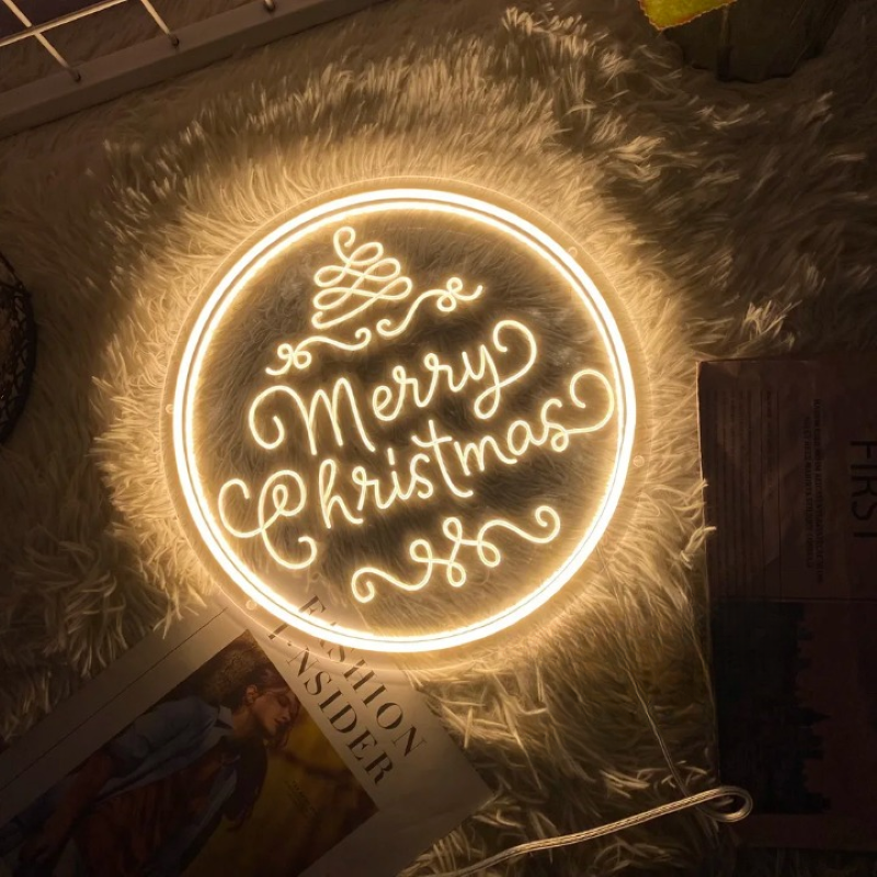 Merry Christmas In Neon Calligraphy  Personalized Mirror   