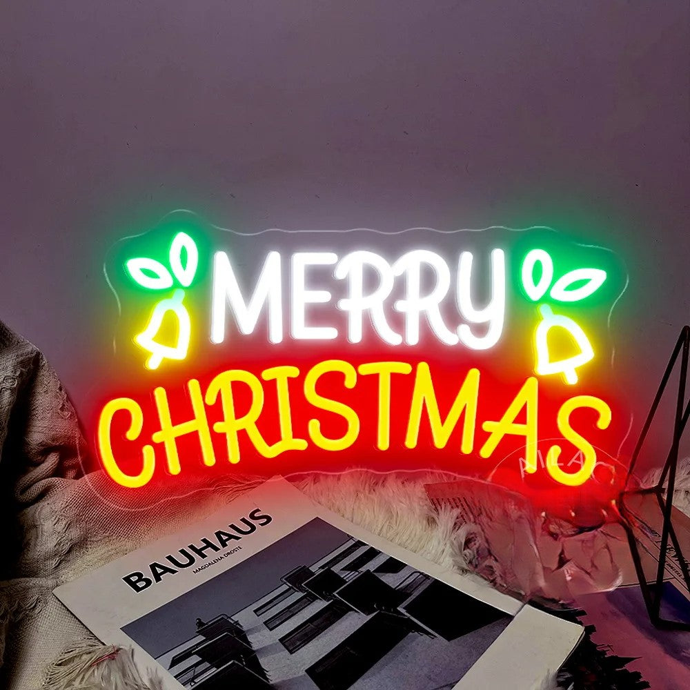 Neon Lights Merry Christmas Decor Room  Personalized Mirror Merry Christmas With Bell 40 