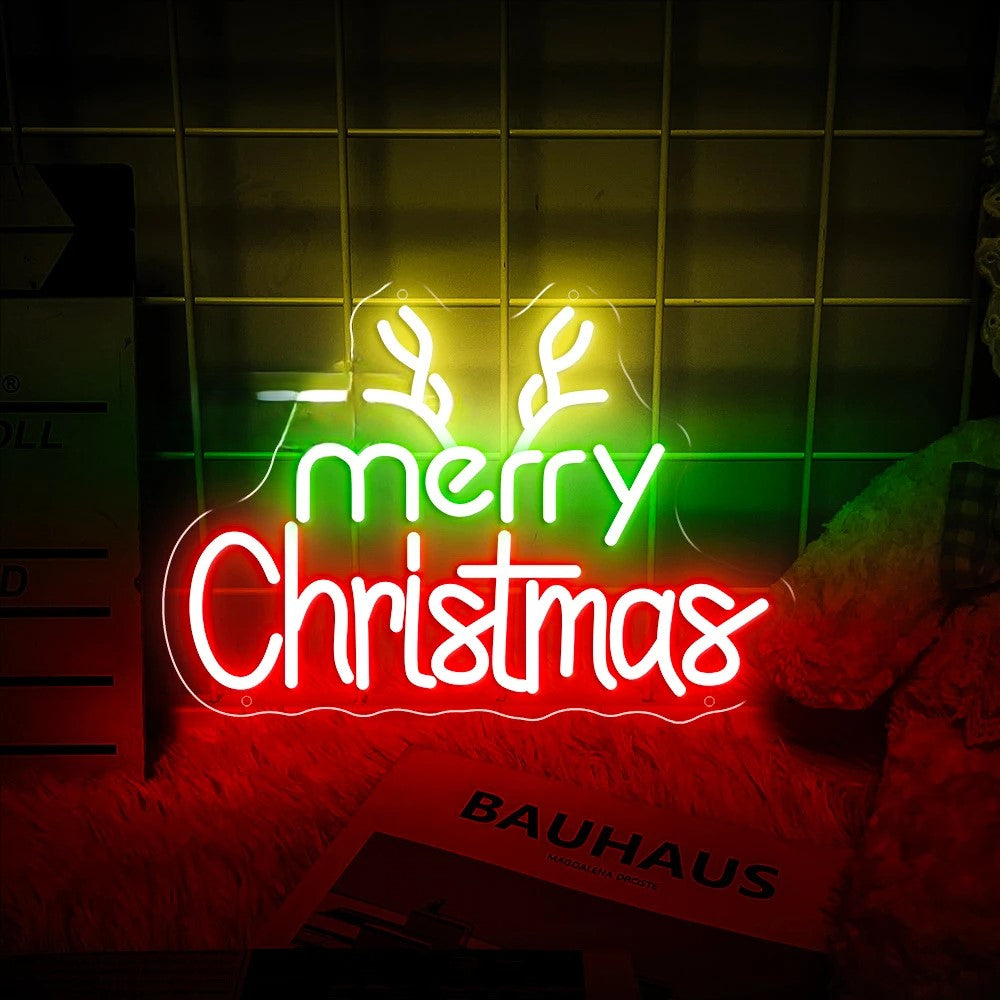 Neon Lights Merry Christmas Decor Room  Personalized Mirror Merry Christmas Horn 40 