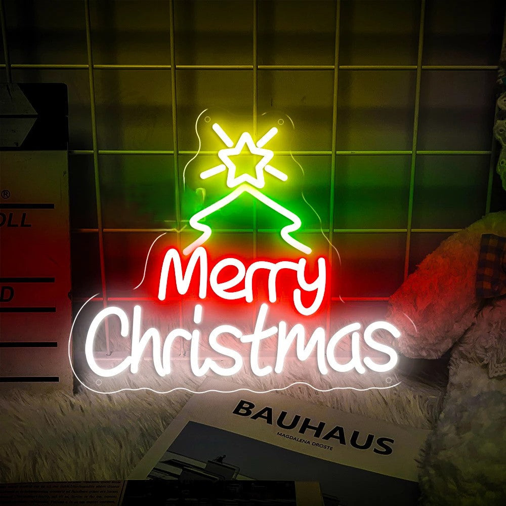 Neon Lights Merry Christmas Decor Room  Personalized Mirror Merry Christmas With Star Tree 40 