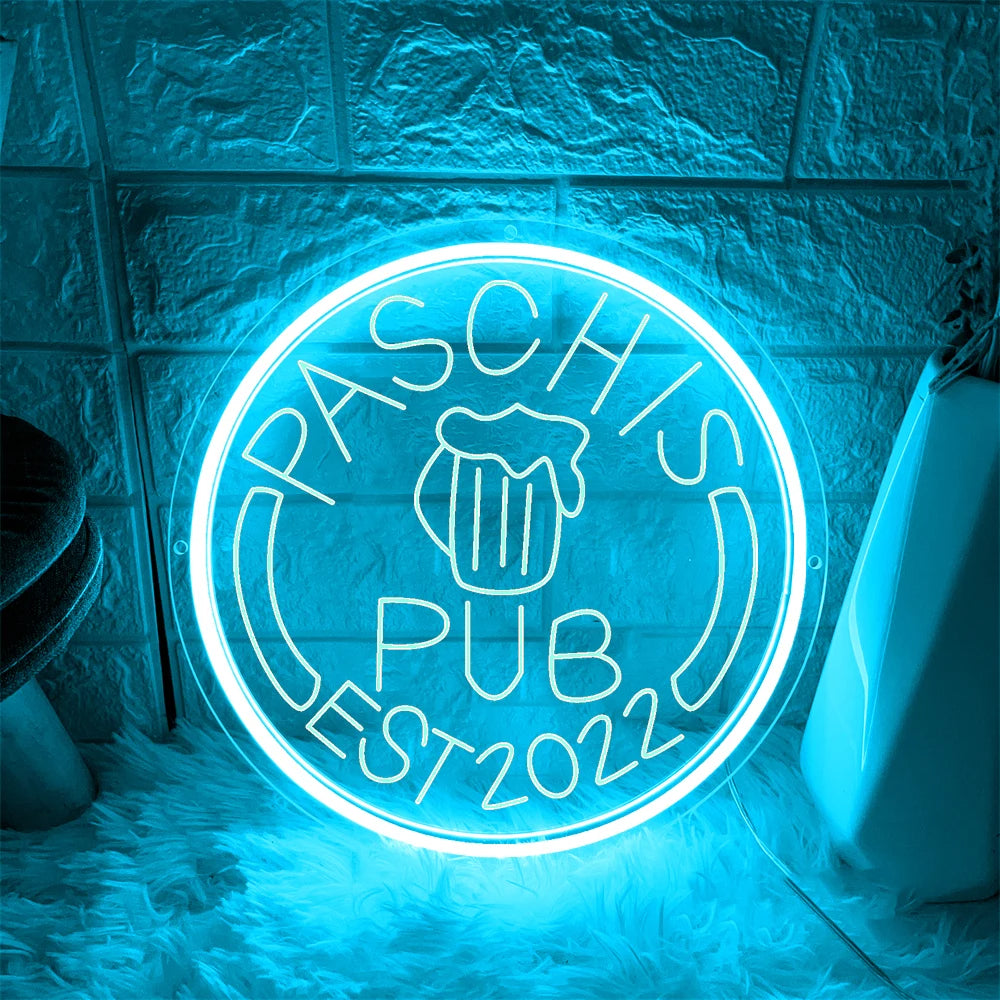 Pub Neon Decor Sign  Personalized Mirror Light Blue 30x30cm 