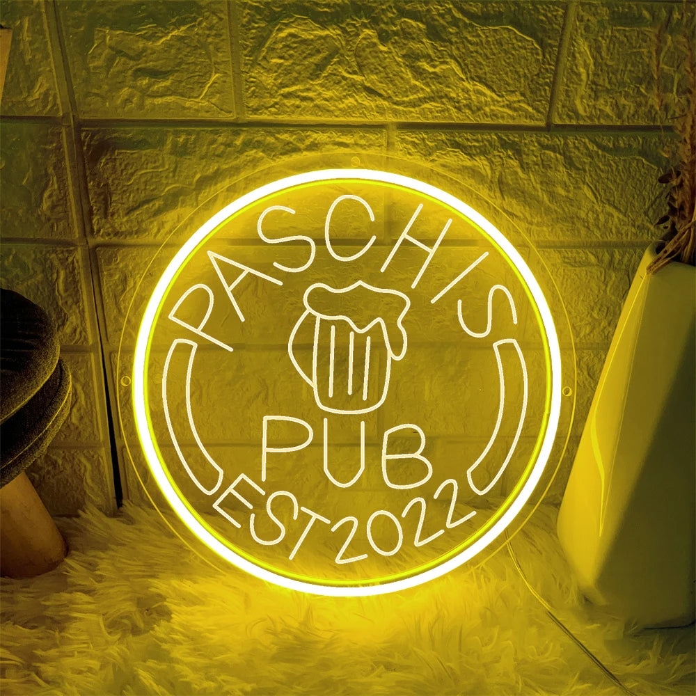 Pub Neon Decor Sign  Personalized Mirror Yellow 30x30cm 