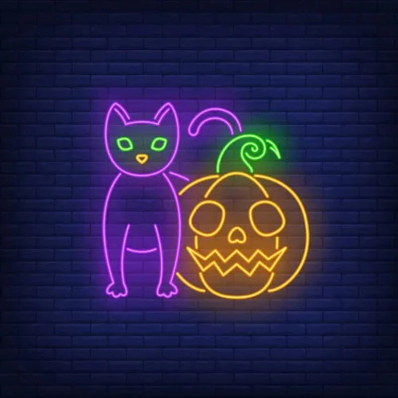 Halloween Pumpkin Cat Neon Sign  Personalized Mirror S  