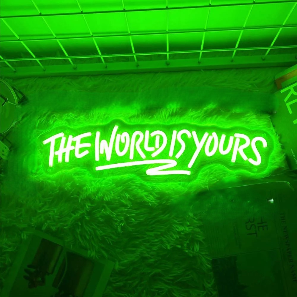 The World Is Yours Neon Led Sign  Personalized Mirror Green  