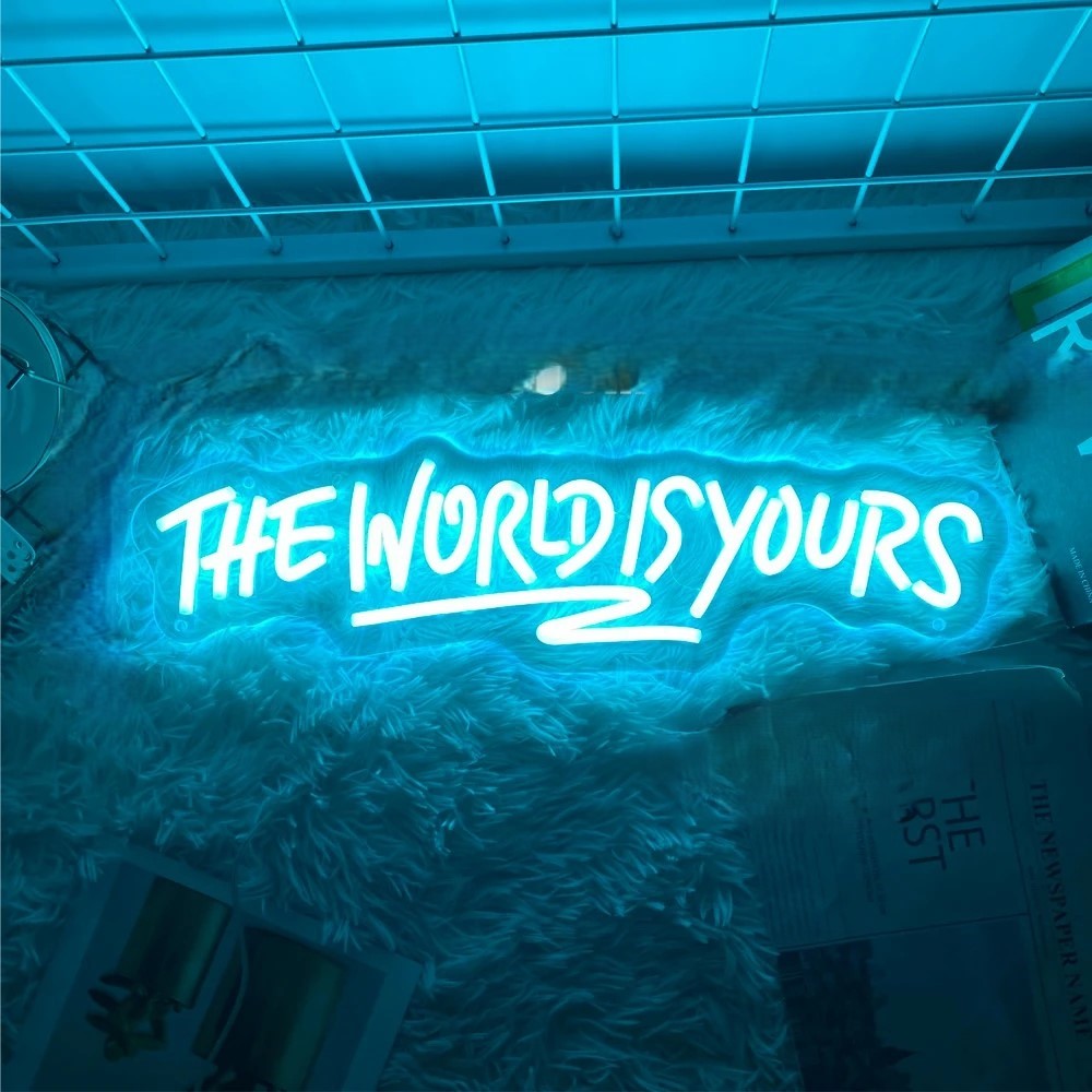 The World Is Yours Neon Led Sign  Personalized Mirror Light Blue  