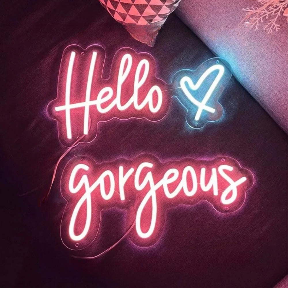 Wall Hanging Salon Neon Led Sign  Personalized Mirror Hello Gorgeous Pink  